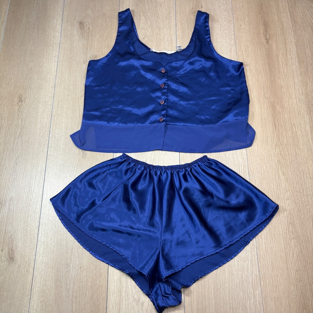 Victorias Secret Blue Satin Pajama Set Cami Tank Top Tap Shorts Small Vintage